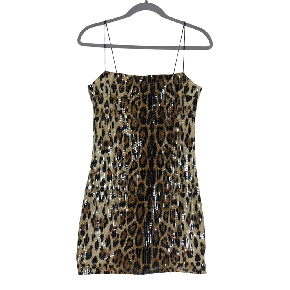 Forever 21 Dress Womens M Brown Leopard Sequin Bodycon Slip Mini Party Cocktail